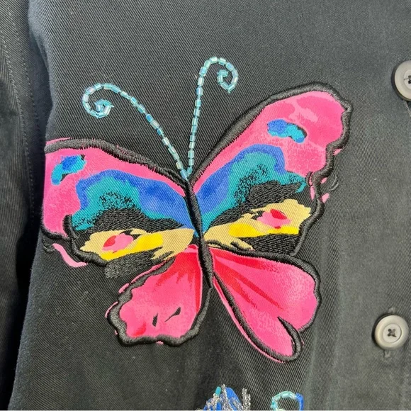 Easy Spirit 100% Cotton Black Button Up Breaded Butterfly Jacket Women’s Size L - Picture 9 of 14